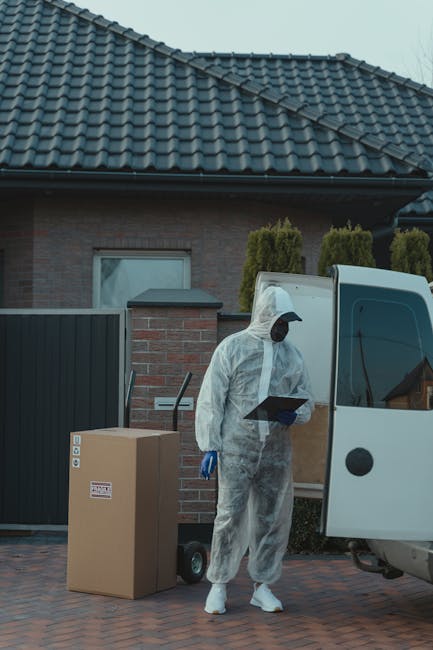 A professional mover from Man with Van Foots Cray stands outside a residential property, wearing a full-body protective suit, gloves, and a visor for safety during a home relocation. The mover is holding a clipboard or tablet, possibly checking inventory or coordinating the loading process. Behind them, a white moving van with its side door open is positioned on a paved driveway, ready for furniture transport. On the driveway, there are several cardboard boxes sealed with packing tape, some wrapped in plastic for protection, along with a small hand trolley nearby. The background features a brick house with a tiled roof and neatly trimmed bushes adjacent to a grey fence, indicating a well-maintained suburban environment. The scene reflects the packing and loading stages of a furniture transport or house removal, with an emphasis on safety protocols and organized logistics, typical of Man with Van Foots Cray’s services for urgent same-day removals.